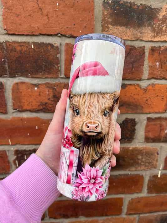 Pink Christmas Highland Cow Tumbler